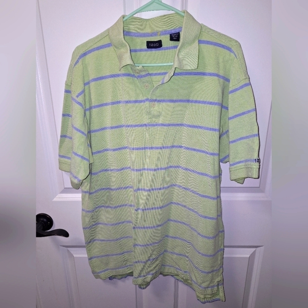 An Izod mens XLT Green w/ Blue Stripes short sleeve Polo shirt. EUC.
